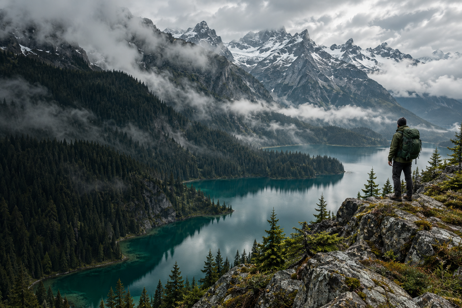 A hiker overlooking an emerald alpine lake and misty mountain peaks