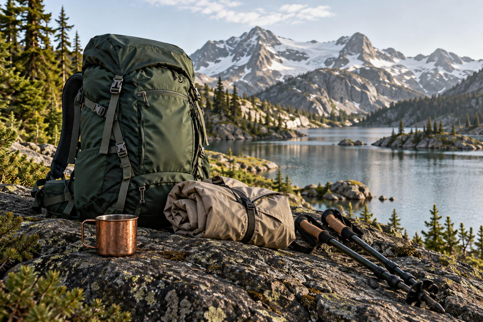 A considered selection of outdoor equipment on rock beside an alpine lake